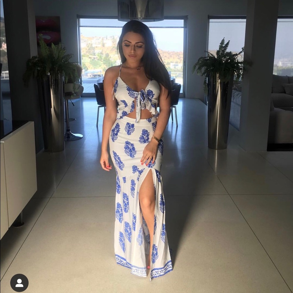 Blue and white strappy open cut floor length dress